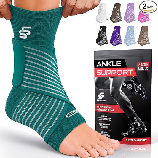 Sleeve Stars Ankle Brace for Women & Men, Ankle Wrap for Sprain, Compression Sleeve for Plantar Fasciitis Relief, Easy Customizable Support: w/ Removable Strap (Pair/M:10"-12"/Turquoise)