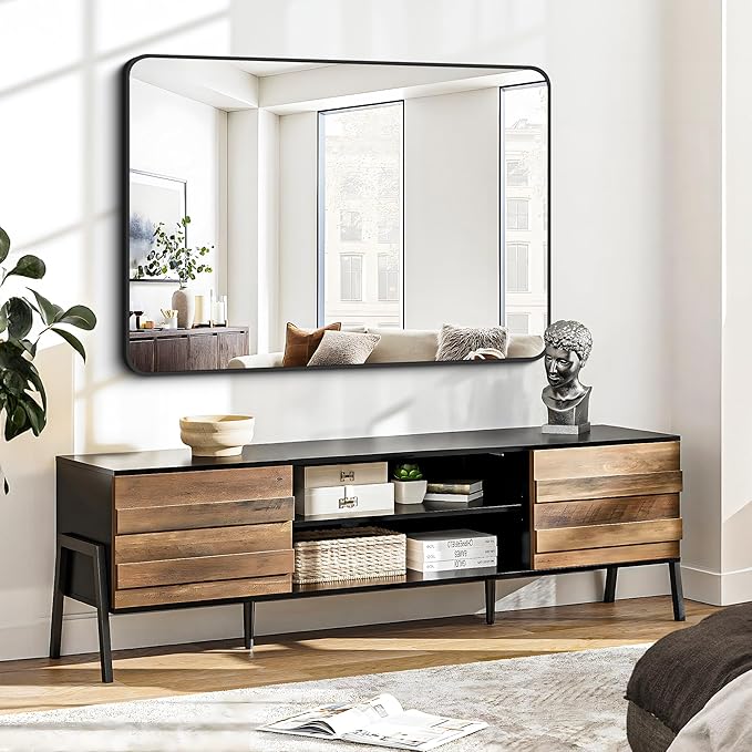 FORBATH Bathroom Mirror 30" X 40", Large Rectangular Wall Mirror, Black Metal Framed Rounded Corner Wall Mounted Mirror for Bathroom Bedroom Entryway Decor(Horizontal/Vertical)-StrideForce Fitness