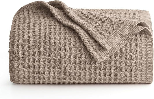Bedsure 100% Cotton Blanket Twin XL Size for College Dorm - Breathable and Soft, Waffle Weave Twin Blanket for Summer, Dorm Room Essentials, Taupe, 66x90 inches-StrideForce Fitness