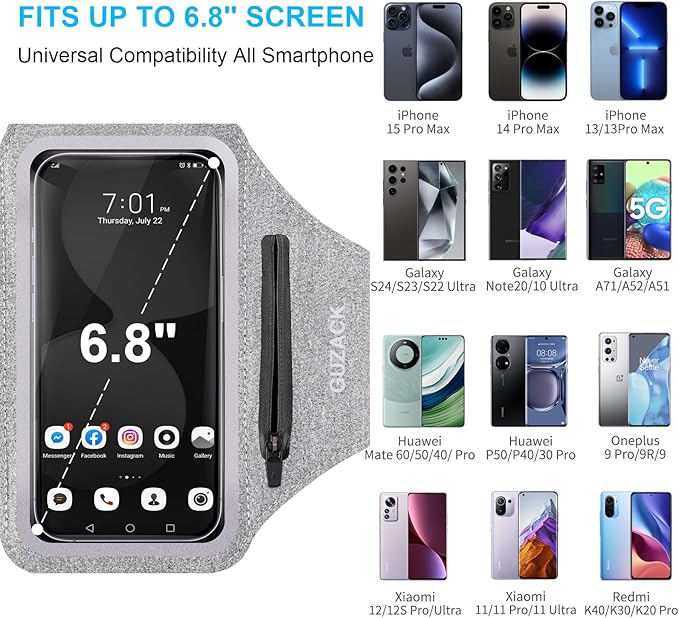 GUZACK Running Armband Case for iPhone 16/15/14/13/12/11 Pro Max, Galaxy S25/S24/S23/S22, Universal Cell Phone Arm Holder with Key Pocket & Card Slot, Gray-StrideForce Fitness