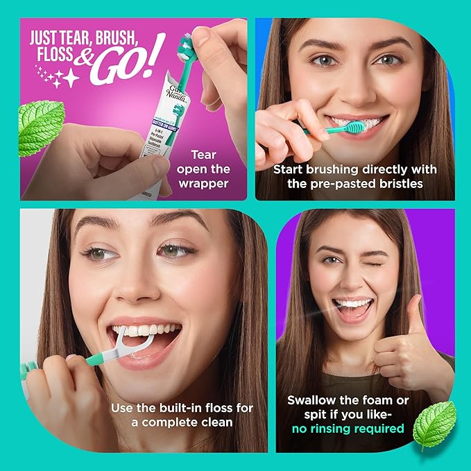 GuruNanda 6-in-1 Ready-to-Go Disposable Toothbrush, Pre-Pasted Butter on Gums Softex Bristles, Floss & Toothpick, Tongue & Cheek Cleaner, Individually Wrapped & TSA Friendly, 21 Ct