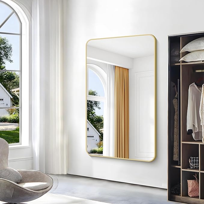 Gold Bathroom Mirror,60x36 inch Wall Mirror for Bathroom Wall Mounted,Round Rectangle Mirror for Bathroom Over Sink,Modern Frame for Home Decor Living Room,Bedroom Entryway,Horizontal/Vertical-StrideForce Fitness