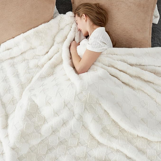 Cozy Bliss Faux Fur Throw Blanket for Couch - Soft Checkered Fuzzy Plush Cozy Throw Gift Blankets for Women,Cream White Boho Blanket for Sofa Bedroom Living Room.50 * 60 Inches-StrideForce Fitness