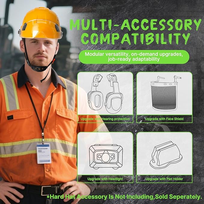 AOLAMEGS Construction Yellow Hard Hats - ANSI Z89.1 Class C Approved Adjustable Vented Hard Hat with Clear Visor for Men Women 6-Point Suspension ABS Safety Helmet for Outdoor Height Work-StrideForce Fitness