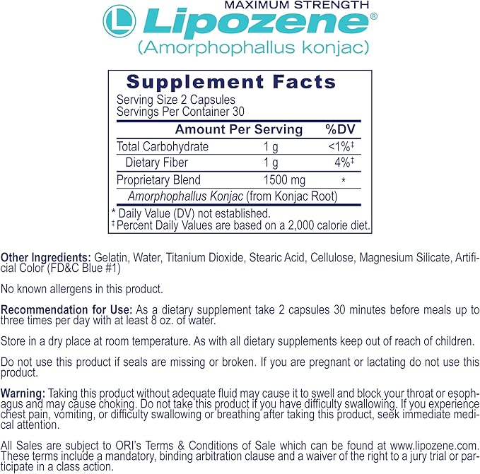 Lipozene Diet Pills - Weight Loss Supplement - Appetite Suppressant- 1 Bottle of 60 Capsules for 30 Servings- No Caffeine-StrideForce Fitness