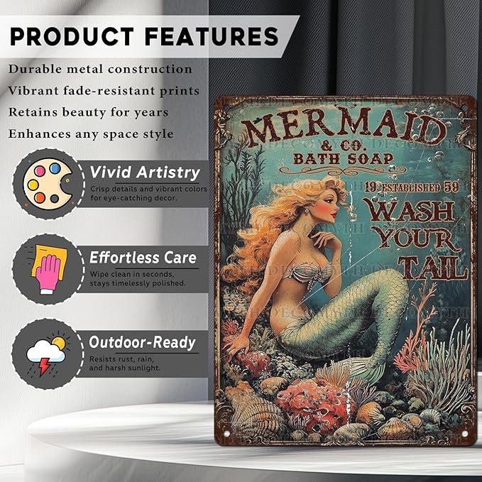 Retro Mermaid Tin Sign Wash Your Tail Vintage Metal Poster Funny Bath Soap Wall Art Toilet Bathroom Man Cave Bar Cafe Indoor Living Room Garage 12 * 16inch-StrideForce Fitness