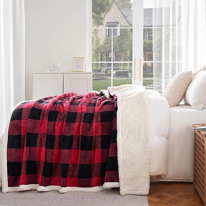 PU MEI Sherpa Fleece Throw Blanket 60" x 80" Reversible Plush Fluffy Large Big Blanket Lattice Flannel Blankets for All Season Use, Red and Black-StrideForce Fitness