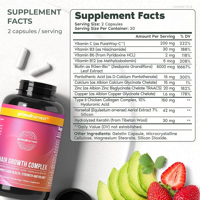 Primal Harvest Hair Growth Vitamins, Hair Growth for Women & Men - 60 Hair Growth Pills, Natural Hair Thickening Products for w/Biotin & Zinc - Hair Supplement, Regrowth Hair Vitamins-StrideForce Fitness