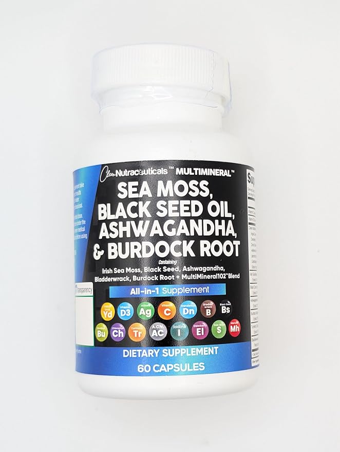 Clean Nutraceuticals Sea Moss Black Seed Oil Ashwagandha Turmeric Bladderwrack Burdock & Vitamin C Vitamin D3 with Elderberry Manuka Dandelion Yellow Dock Iodine Chlorophyll ACV-StrideForce Fitness
