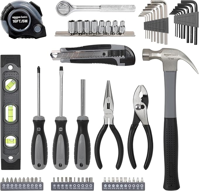 Amazon Basics 65 Piece Home Basic Repair Tool Kit Set With Bag, Silver, Black-StrideForce Fitness
