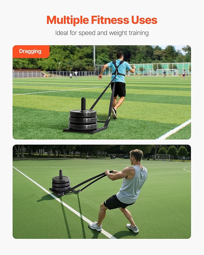 VEVOR Weight Sled, Steel Power Sled, Fitness Strength Training Sleds for Athletic Exercise Speed Improvement, Workout Fitness Equipment with Harness, Compatible with 1/2 in Weight Plates, Black-StrideForce Fitness