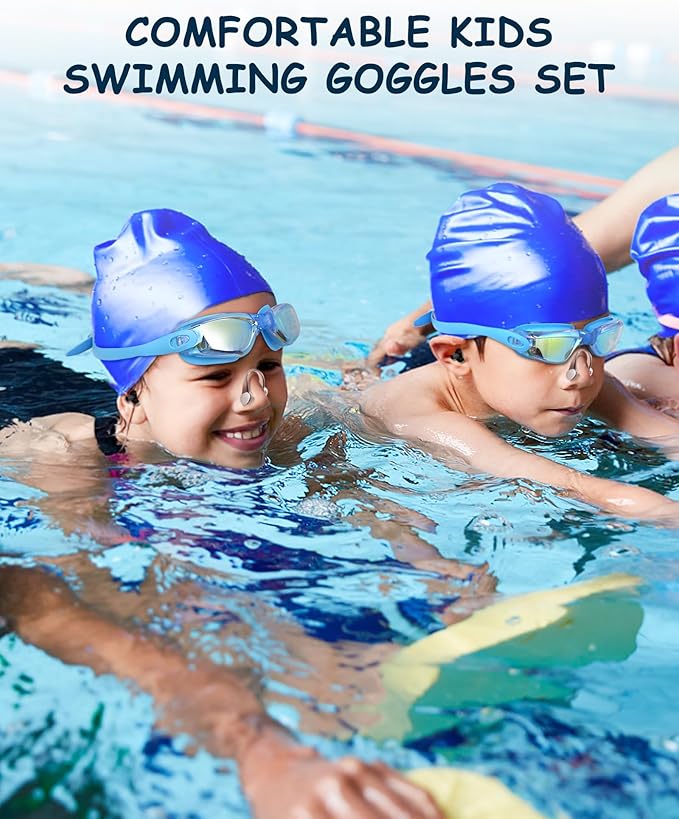 Kids Swim Goggles, Swimming Goggles for Kids Toddlers 3-14 with Swim Cap, Nose Clip, Nose Bridge, Ear Plugs-StrideForce Fitness