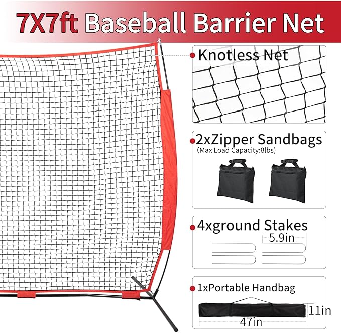 7x7/16x10/20x10ft Backstop Net, Ball Stop Net with Handbag,Fix Sports Net Barrier by 4 Spike&2 Sandbag,Sports Practice Barrier Net for Baseball,Softball,Lacrosse Train,Backstop Net for Backyard-StrideForce Fitness