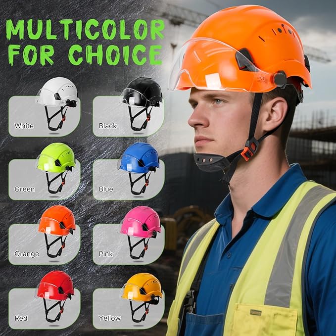 AOLAMEGS Construction Vented Hard Hats -Adjustable Vented Hard Hat with Visor for Men Women ABS Safety Helmet 6-Point Suspension Work Hardhats for Outdoor Height Industrial (Orange Clear Visor)-StrideForce Fitness