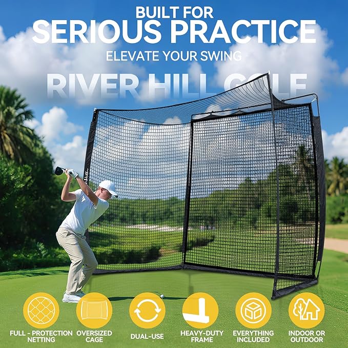 Golf Cage with Impact Screen, 10x8 Ft Golf Hitting Net w/Sound-Dampening Cloth, Practice Mat, Golf Simulator Enclosure, Indoor & Outdoor Driving Chipping Equipment for Home, Backyard & Garage-StrideForce Fitness