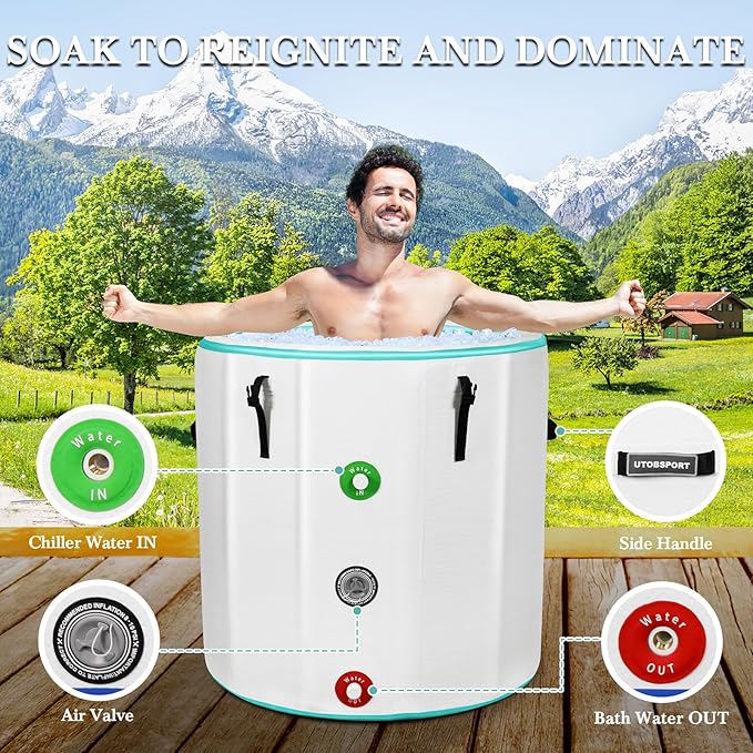 Inflatable Ice Bath Tub Cold Plunge Pod for Athletes Recovery BathTub with Lid, Water Chiller Compatible - Outdoor & Indoor, Circle L -126 Gallons/Outside Size 36"x36"x39" Mint Green-StrideForce Fitness