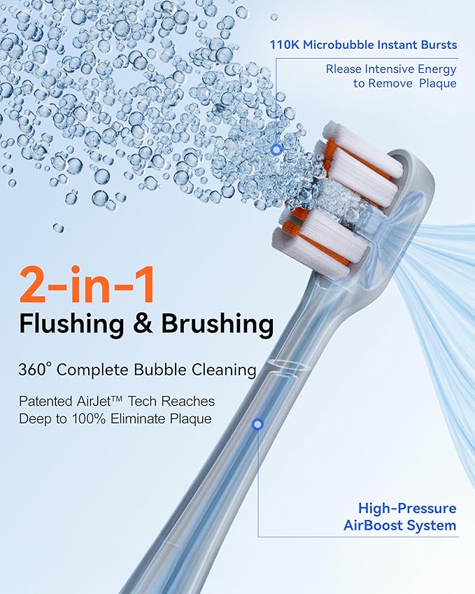 RANVOO AirJet PH3 [Vibrating & Flossing 2-in-1] Bubble Sonic Electric Toothbrush, Plaque Removal, White for Adult Protect Gum Orthodontic Teeth Clean Rechargeable Gift with 2 Soft Brush Heads White