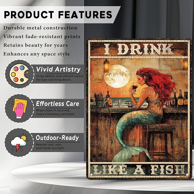 Vintage Mermaid Tin Sign I Drink Like A Fish Retro Wall Decor Decorations for Home Funny Wine Lover Nostalgic Metal Poster Indoor Store Cafe Toilet Kitchen Garden Bar Pubs Man cave 12 * 16inch-StrideForce Fitness