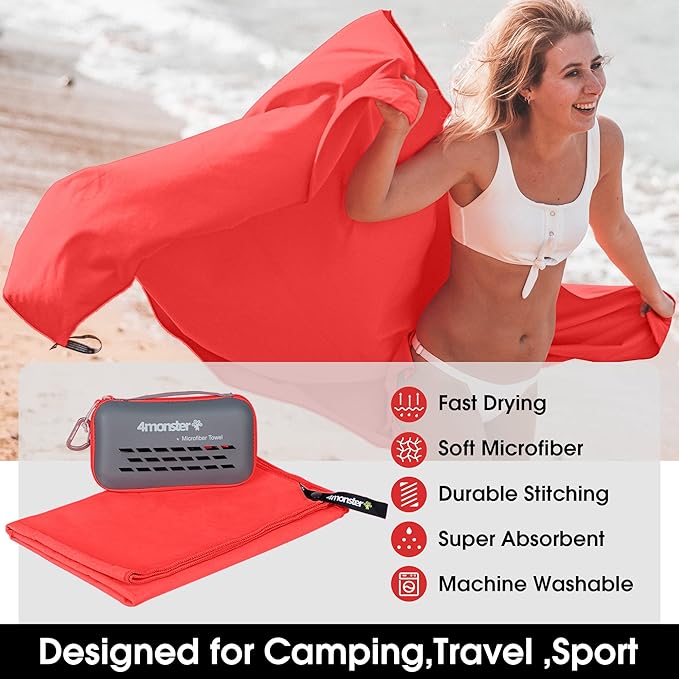4Monster Camping Towels Super Absorbent, Fast Drying Microfiber Travel Towel, Quick Dry Ultra Soft Compact Gym Towel for Swimming Beach Hiking Yoga Travel Sports Backpack (71.00" x 35.00", Red)-StrideForce Fitness