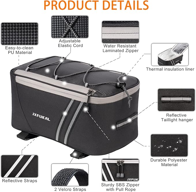 JXFUKAL Rear Bike Rack Bag with Rain Cover, 7L/9L/10L/12L Waterproof Bicycle Ebike Saddle Bag Cycling Pannier Trunk Carrier with Reflector & Adjustable Cord for Commuter Travel Outdoor-StrideForce Fitness