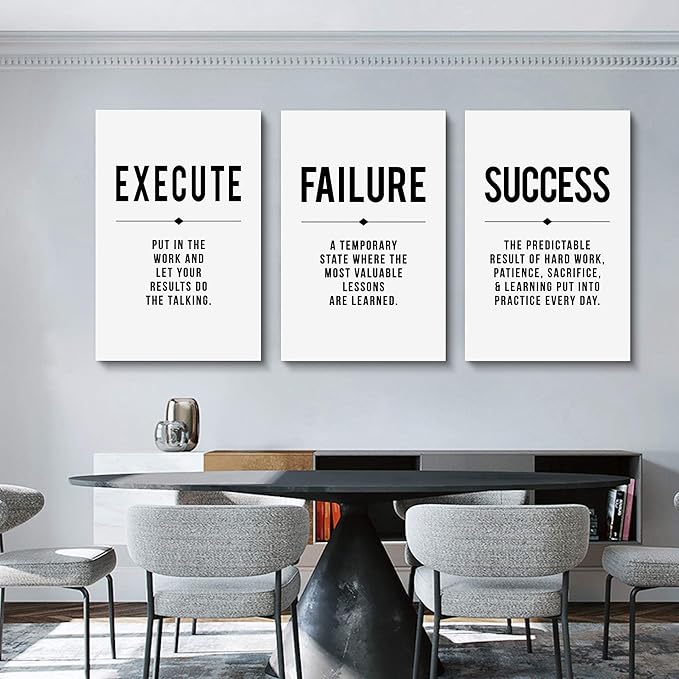 Framed Canvas Wall Art Success Quote, Office Wall Art, Black Large Poster, Positive Motivational Set of 3 Prints, Execute Failure Definition, Inspirational Print (D-3pcs,20x30inchx3pcs)-StrideForce Fitness