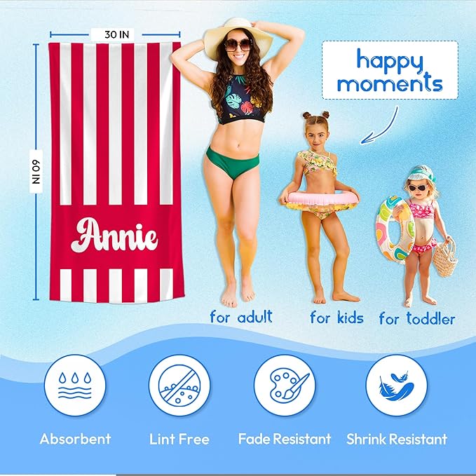 JML Personalized Beach Towel with Name, Custom Cabana Stripe Beach Towel, Customized Microfiber Pool Towel, Quick Dry & Absorbent Swim Towel for Adult,Mother's Day, Birthday, Summer Holiday,Vacation-StrideForce Fitness