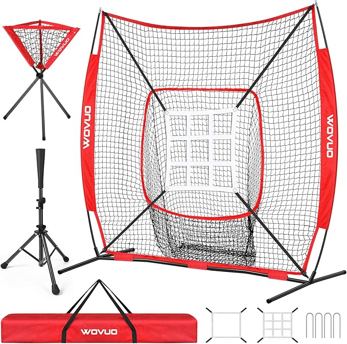 7x7 ft Baseball Net for Batting Pitching Hitting, Softball Pitching Net with Strike Zone, Tee, Ball Caddy, Softball Batting Net Baseball Training Equipment for Kids Adult Youth Sport Practice-StrideForce Fitness