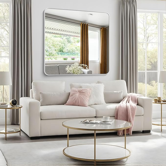 Silver Bathroom Mirror,48x48 inch Wall Mirror for Bathroom Wall Mounted,Rectangle Mirror for Bathroom Over Sink,Modern Frame Round Corner for Living Room,Bedroom Entryway,Horizontal/Vertical-StrideForce Fitness