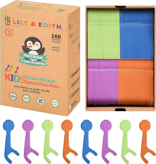 LILY & EDITH Straw Wheat Kids Flossers 160ct, Plant Based Dental Floss Picks for Children, Fluoride & Chemical Free(PFA Free), Penguin Flossing Sticks for Toddler, Paper Package, Unflavored