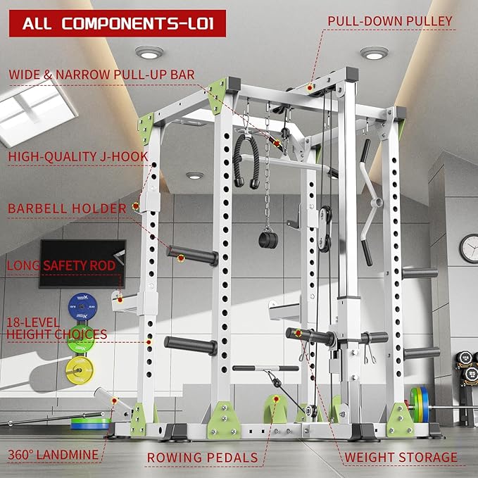 Power Rack Power Cages Multi-Function Squat Rack with Cable Crossover System Selectable More Training Attachment Weight Cage for Garage Home Gym-StrideForce Fitness