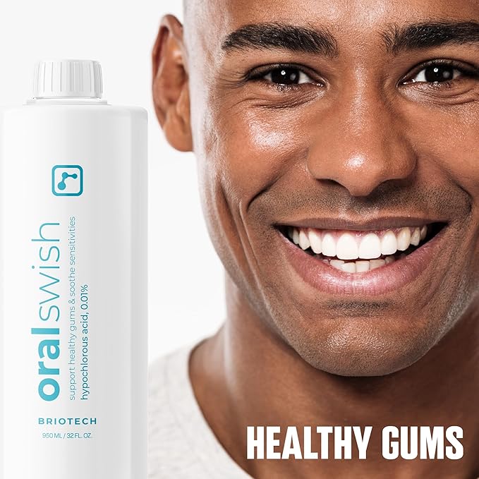 BRIOTECH Oral Swish, Hypochlorous Acid Mouthwash Rinse, Gentle Oral Care Hygiene, Fight Bad Breath, Support Against Plaque, Gum Irritation & Tender Gums, Alcohol & Fluoride Free, 17 fl oz (4 Pack)