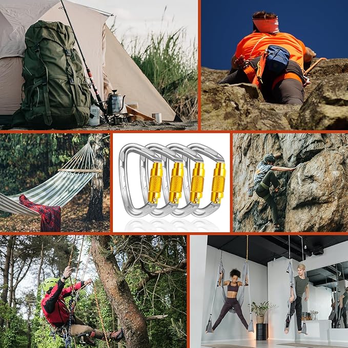 Climbing Carabiner Clips 25kN Auto Locking Carabiner, Professional Heavy Duty Large Locking Carabiner Clips for Rock/Ice Climbing Rappelling Rescue Swing etc, D Shaped, Large Size-StrideForce Fitness