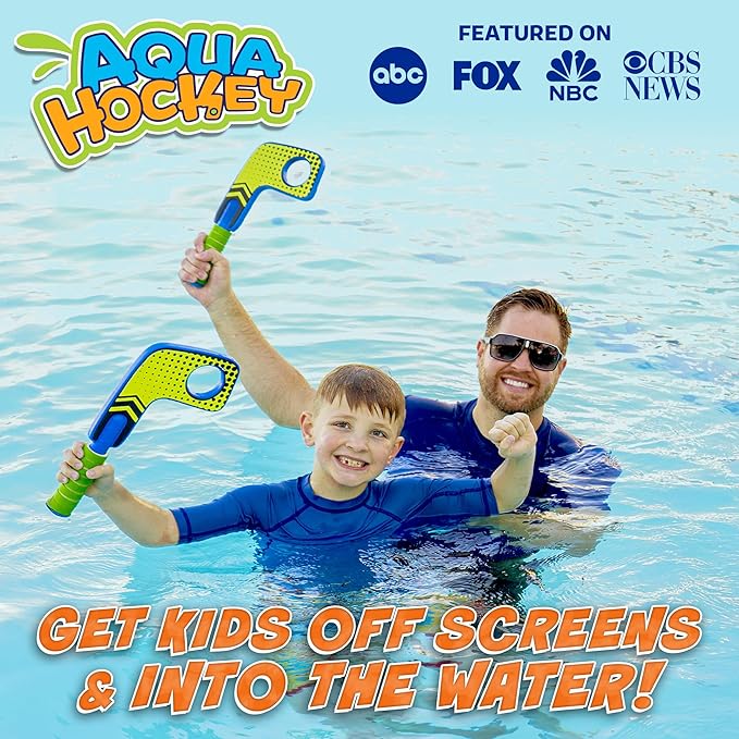 Fun Mini Hockey Sticks Game - Play at the Pool & Beach or in Home - For Kids & Adults All Ages - Use The Floating Soft Paddles to Shoot the Water Skipping Balls - Comes With 2 Sticks & 2 Balls-StrideForce Fitness