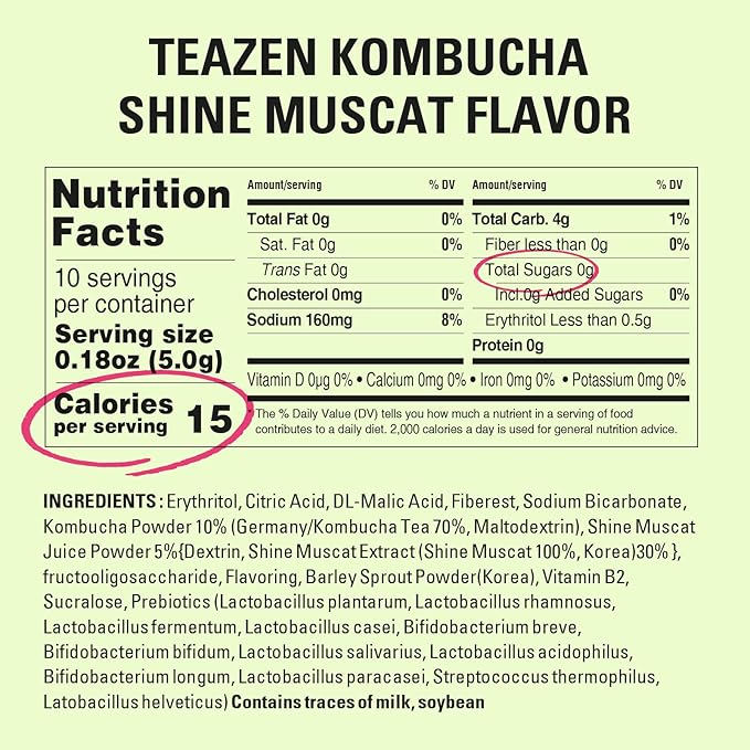TEAZEN Shine Muscat Kombucha Tea, Electrolyte & Hydration Drink Mix, Sugar Free, Live Probiotics & Prebiotics, 30 Sticks, 5.29oz-StrideForce Fitness