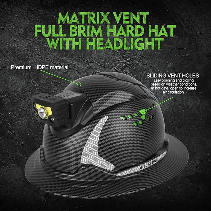 GREEN DEVIL Matrix Full Brim Hard Hat with Headlight Vented Construction Safety Helmet OSHA Approved Cascos De Construccion Work Hardhat for Men&Women-StrideForce Fitness
