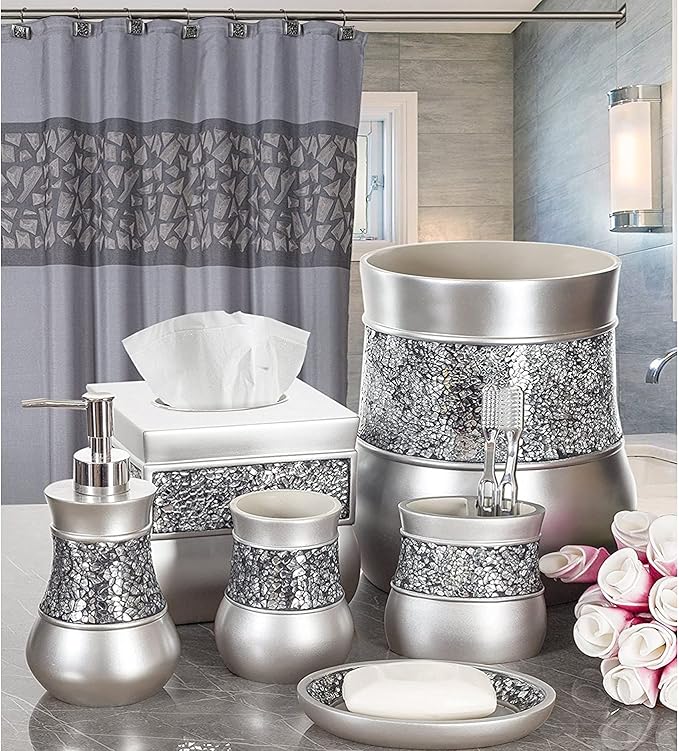 Creative Scents Crackled Glass Bathroom Tumbler Cup - Decorative Silver Crackled Glass Rinse Mug for Water, Best Tumblers for Mouthwash/Rinsing