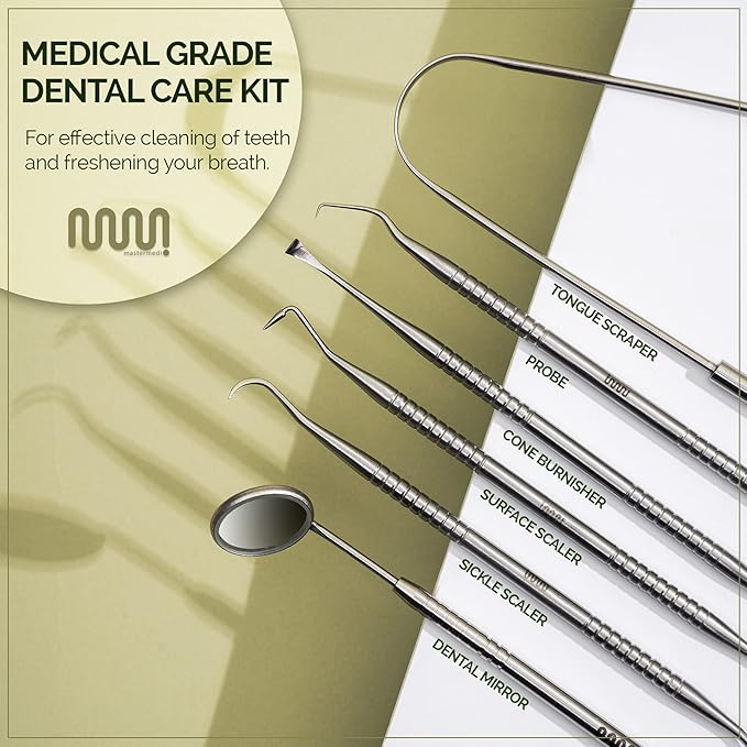 6 Pack Dental Tools Teeth Cleaning Kit, Plaque Tartar Remover for Teeth and Oral Care for Adults, Kids and Pets, Includes Tongue Scraper, Mirror, Probe, 100% Stainless Steel Dental Kit with Case