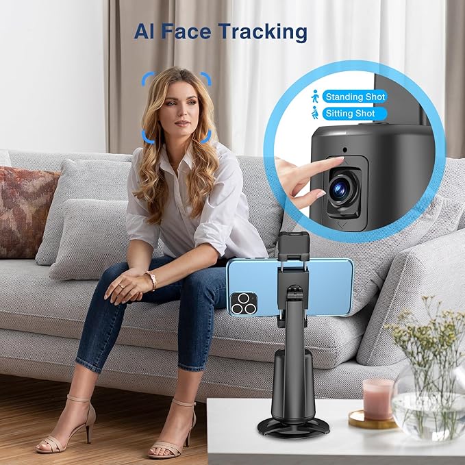 Auto Face Tracking Tripod 360° Rotating Cell Phone Photo and Video Kits Stand, No App, Camera Stand with Remote and Gesture Control, Rechargeable Smart Shooting Stand for Live Recording Tiktok（Black）-StrideForce Fitness