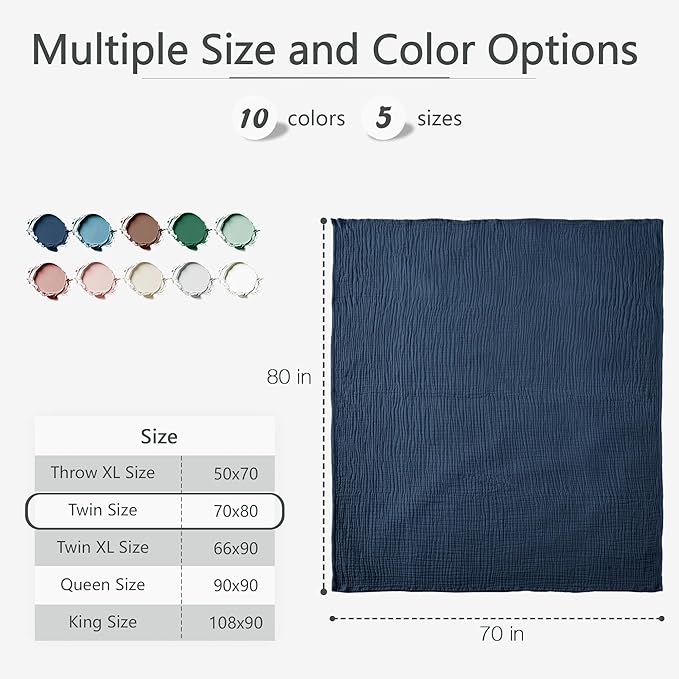 Carriediosa 100% Cotton Muslin Throw Blanket 70" X 80" Twin Size，4-Layers Summer Gauze Throws for Bed Couch，Soft Lightweight Breathable Linen Blankets Bedspread for Adults All Season，Navy Blue-StrideForce Fitness