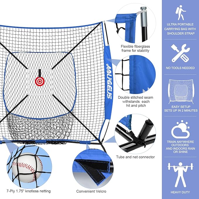 6'X6' Baseball Softball Practice Net,Pitching Net,Batting Net,with Bonus Strike Zone,Target and Bow Frame,for Hitting,Pitching,Catching-StrideForce Fitness