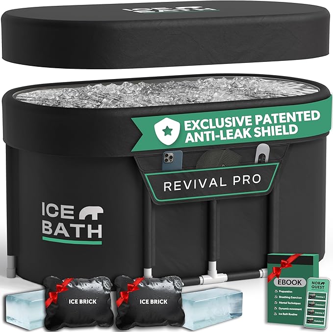 Ice Bath Tub XL - Exclusive Patented Anti-Leak Shield - Cold Plunge Tub With Cover - Ice Bricks X2 - Portable bathtub Outdoor Indoor - Free Ebook-StrideForce Fitness