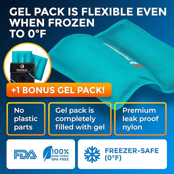 PhysioNatural Ice Pack for Knee Pain Relief, Reusable Gel Ice Wrap for Leg Injuries, Swelling, Knee Replacement Surgery, Cold Compress Therapy for Arthritis, Meniscus Tear and ACL-StrideForce Fitness