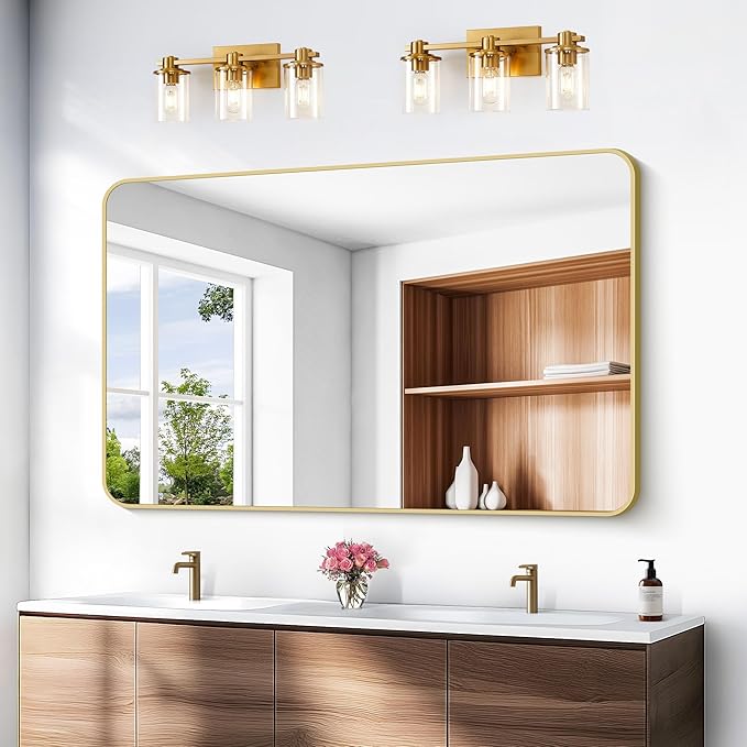 Gold Bathroom Mirror,55x36 inch Wall Mirror for Bathroom Wall Mounted,Round Rectangle Mirror for Bathroom Over Sink,Modern Frame for Home Decor Living Room,Bedroom Entryway,Horizontal/Vertical-StrideForce Fitness
