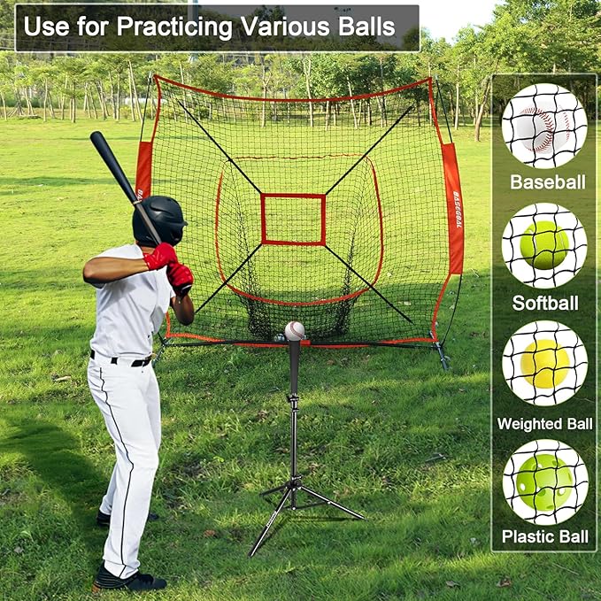 7'×7' Baseball Softball Practice Net,Baseball Backstop,with Batting Tee,Ball Caddy,for Hitting Pitching Batting Catching with Bow Frame,Bonus Strike Zone,Portable and Foldable-StrideForce Fitness