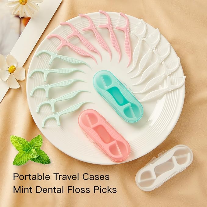 White Mint Dental Floss Picks, 2 Portable Travel Cases (10 Picks) 65 Refills, Double-Line Flossers for Tight Teeth, Fresh Breath, Plaque Removal, On-The-Go Oral Care