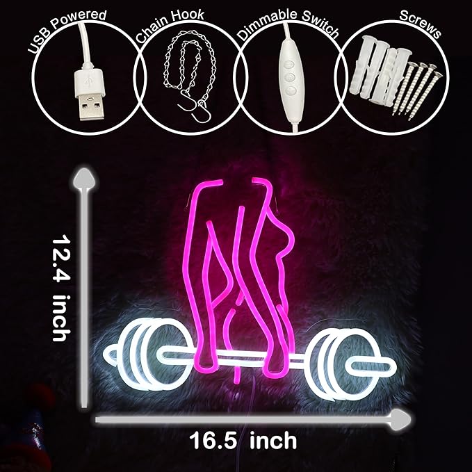 Neon Woman Barbell Neon Sign Dumbbell Lady Neon Light Barbell Light Sign Dimmable Weightlifting LED Neon Light for Home Gym Decor Bar Pub Lifting Wall Room Decor Man Cave Game Room 16.5"×12.4"-StrideForce Fitness