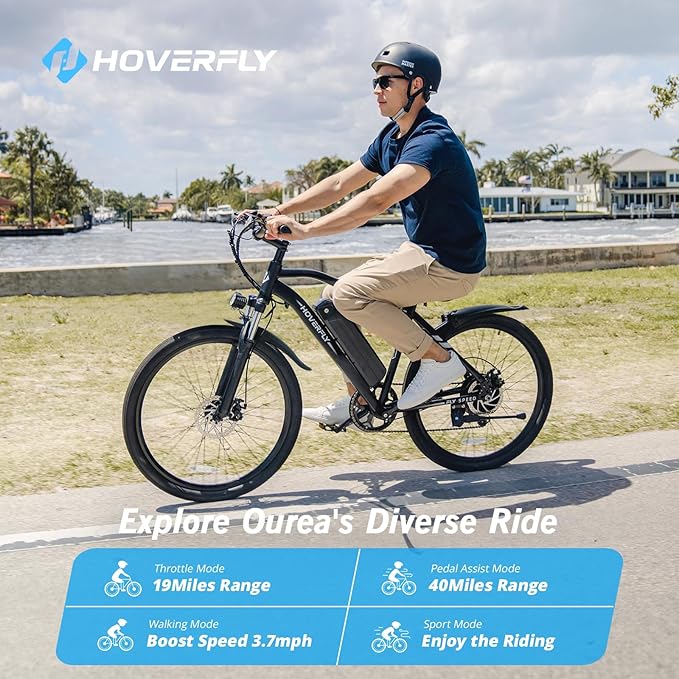 HOVERFLY OUREA 26" Electric Bike for Adults, 750W Peak Motor Mountain Ebike, 20MPH Up to 40 Miles, UL2849 Certified, 7-Speed, Removable Battery, Shock Absorber, Fat Tire Commuter E-Bike-StrideForce Fitness