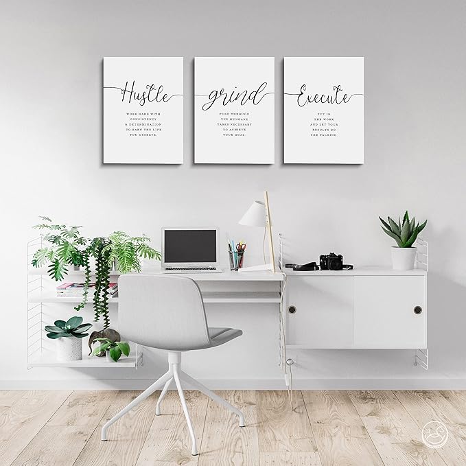 Framed Canvas Wall Art Grind Hustle Quote Poster, Office Wall Art, Positive Motivational Set of 3 Prints, Hustle prints Execute, Inspirational Wall Decor Art (H-3pcs,12x16inchx3pcs)-StrideForce Fitness