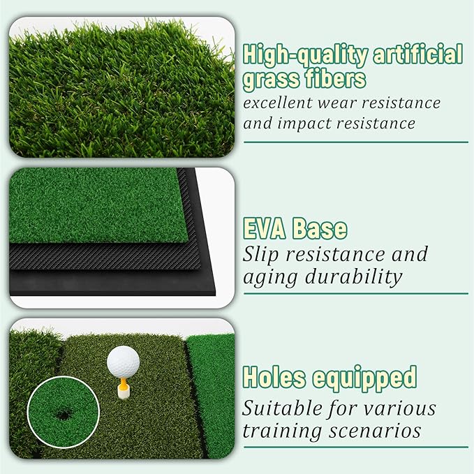 Golf Practice Mat 3-in-1 Turf Golf Hitting Mat for Swing, Putting & Chipping | Portable Golf Training Mat Indoor/Outdoor, Golf Mat with 8 Tees-StrideForce Fitness