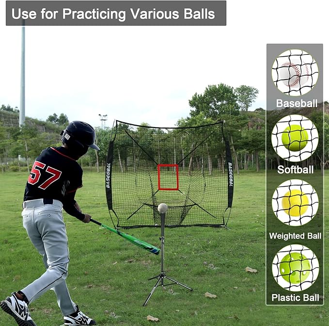 7'×7' Baseball Softball Practice Net,Baseball Backstop,with Batting Tee,Ball Caddy,for Hitting Pitching Batting Catching with Bow Frame,Bonus Strike Zone,Portable and Foldable-StrideForce Fitness